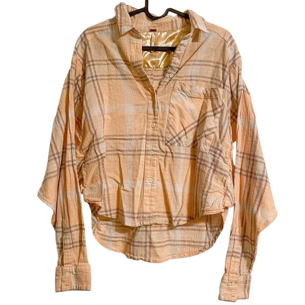 Free People Cropped Dolman Sleeve Plaid Blouse Pink